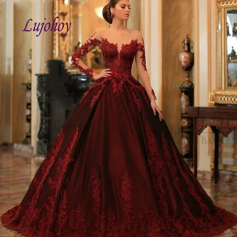 

Long Sleeve Lace Quinceanera Dresses Ball Gown Mexican Beaded Princess Masquerade Burgundy Satin Sweet 16 Prom Dress 15 year old