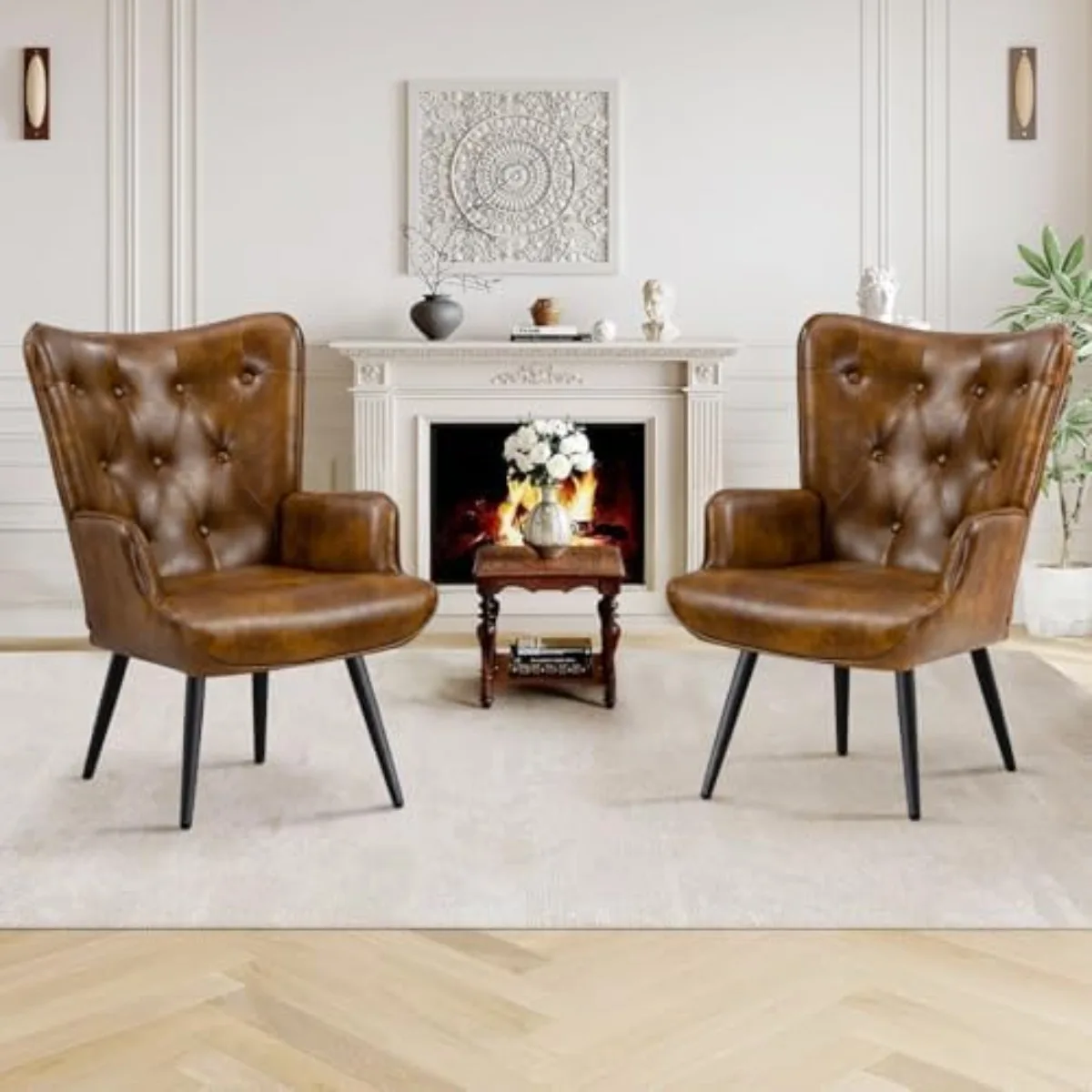PU Leather Accent Chair for Living Room, Upholstered Reading Chair with High Backrest, Tufted-Button Wingback Armchair