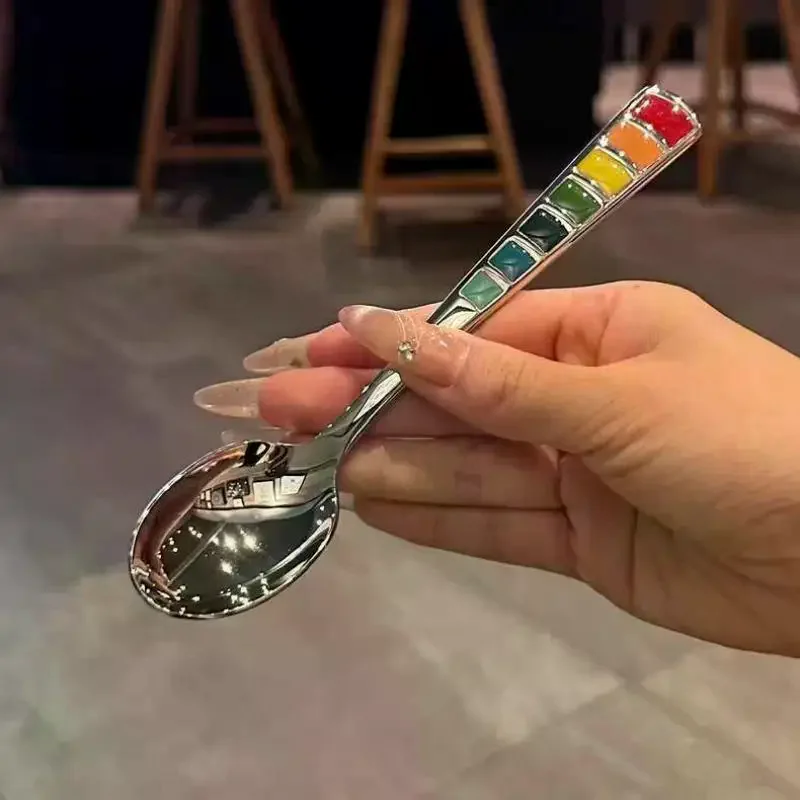 2Pcs Macaron-Colored Stainless Steel Dessert Spoons High-Aesthetic Colorful Enamel Spoons For Home Kids Picnics & Bento