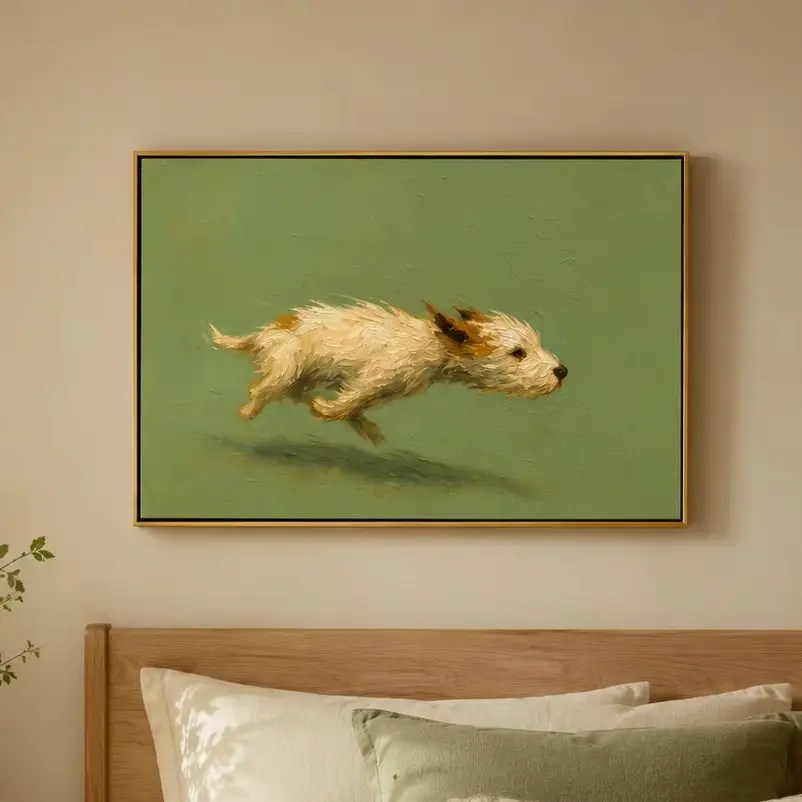 Free Spirit Run – Sage Green Minimalist Impasto Dog Oil Painting,High‑Grade Home Decoration Artwork for Bedroom, Living Room