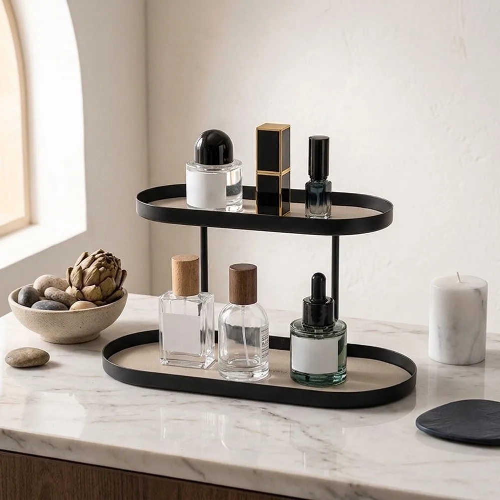 2-Tier Countertop Organizer for Bathroom Cosmetics Storage Metal Rack with Snap Assembly and Wipe Clean Design