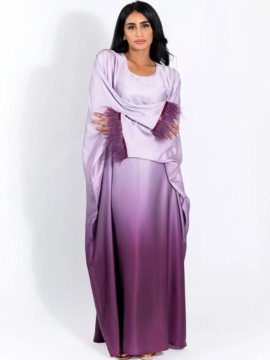 Dubai Ombre Party Waist O-Neck Batwing Sleeve Long Dresses For Muslim Woman With Feathers And Belt Moroccan Saudi Abaya Fashion