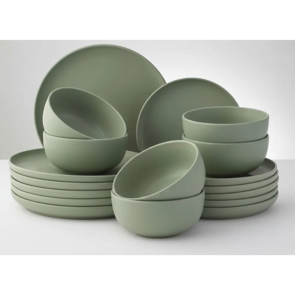 

Modern Farmhouse Stoneware Dinnerware Set 18-Piece Plates Bowls Sage Green Dish Set for 6 People