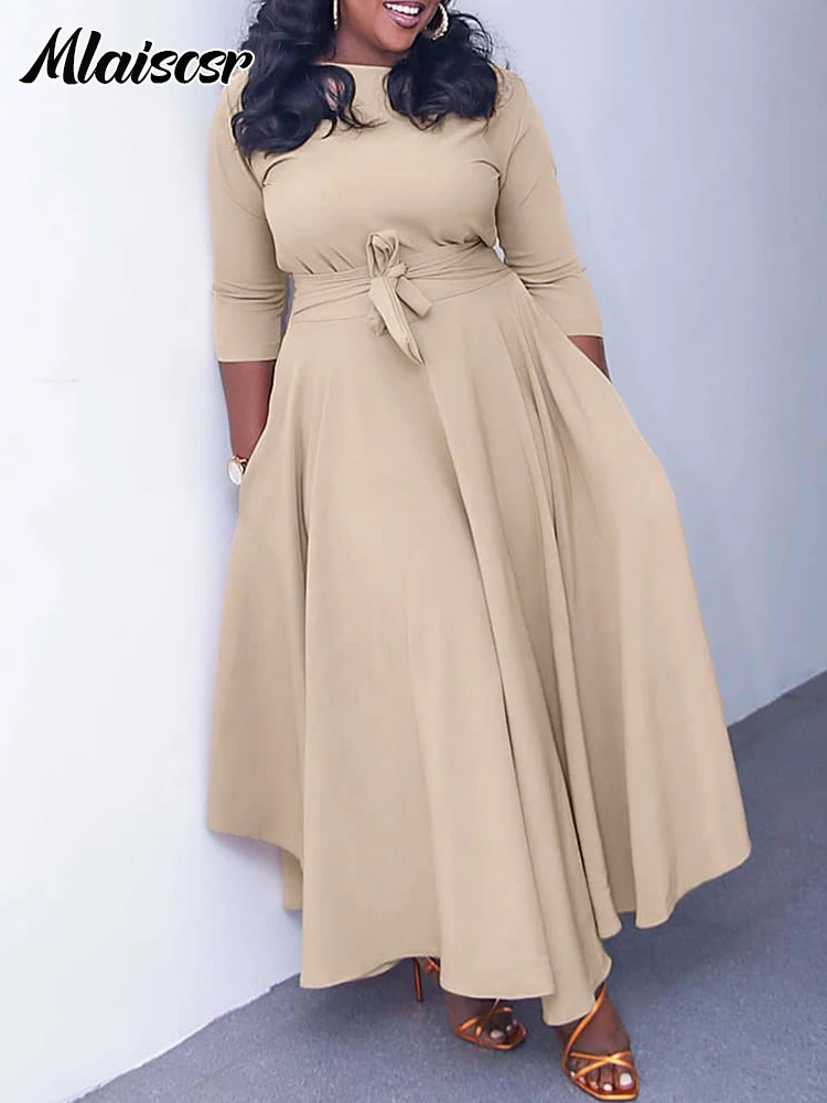 Mlaiscsr Elegant Evening Party Dresses Women O Neck Full Sleeve Sashes Pleated Fashion Office Female Birthday Dinner Vestidos