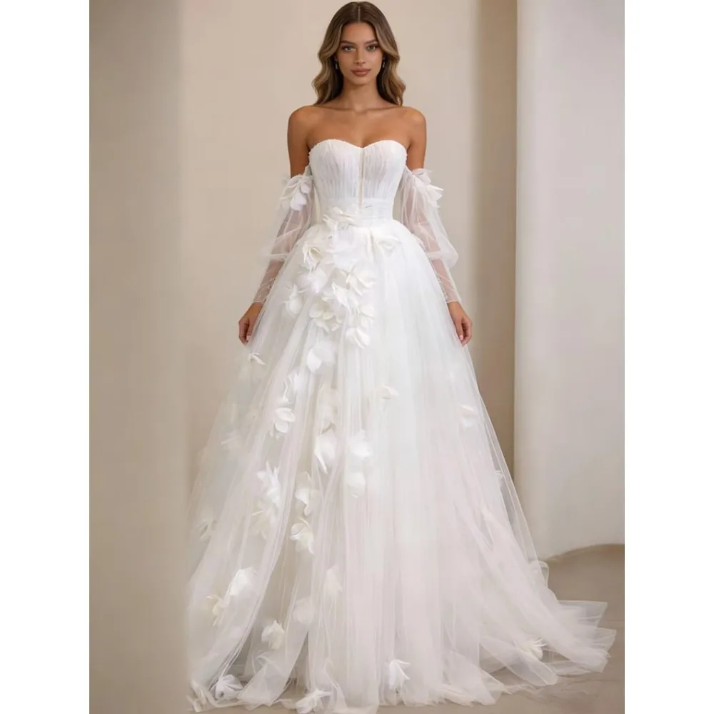 

Custom Off Shoulder Long Sleeve Lace Up 3D Floral A Line Wedding Dress Cathedral Train Bridal Gown Plus Size Vestido De Novia