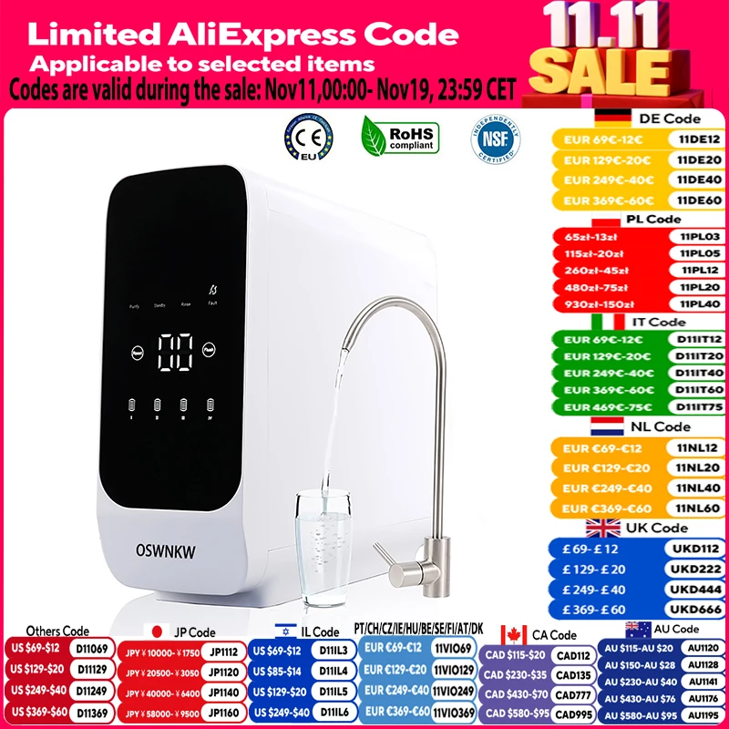 OSWNKW Reverse Osmosis Water Filtration System - 600GPD High Flow, Tankless, Reduced TDS, Compact, 1:2 Drain Ratio, Mineralized