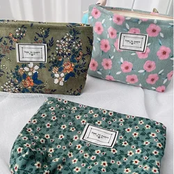 Corduroy Makeup Bag Organizer Clutch Retro Flower Print Cosmetic Bag Wash Women Travel Make Up Pouch Beauty Toilet Storage Cases