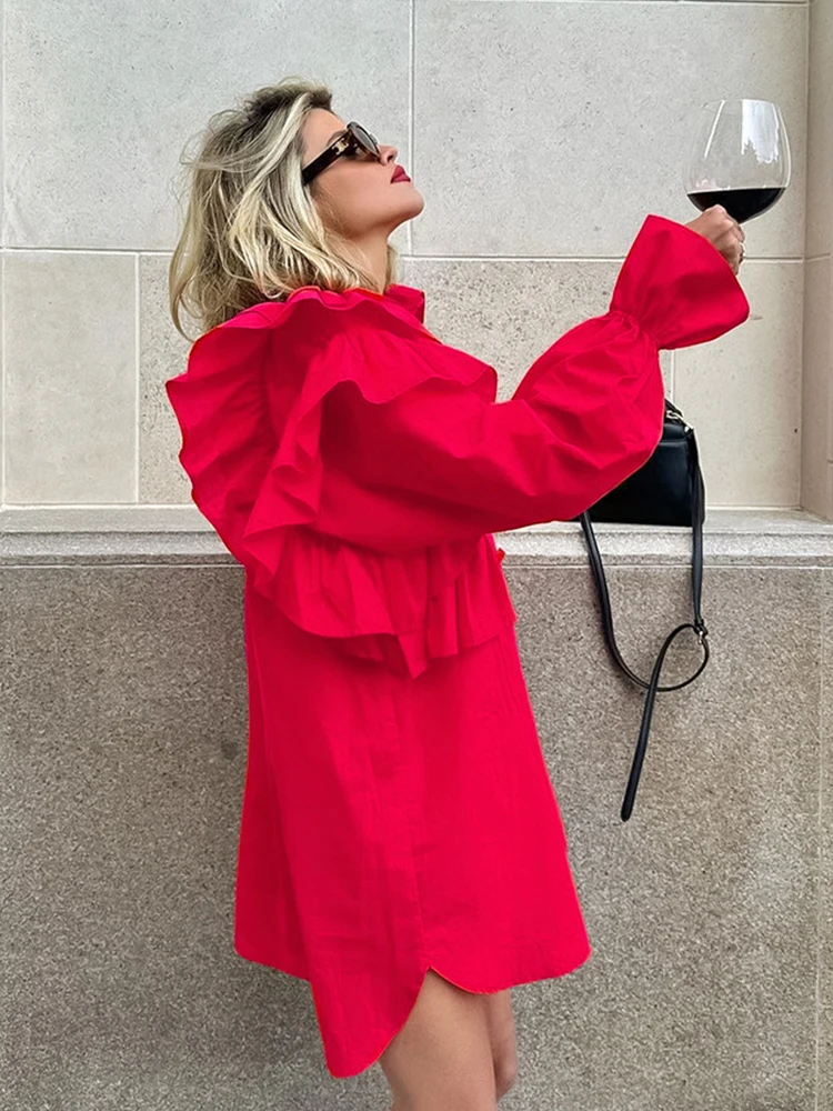 Mueyaruho Winter Spring 2024 Women Solid Red Mini Shirt Dress Office Ladies Ruffles Long Sleeve Loose Fit Dress For Women