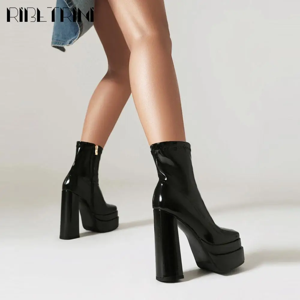 High Heeled Women Boots Square Toe Zipper Ankle Platform Shoes Cool Fashion Punk Gothic New Brand Winter Elastic Boots Woman