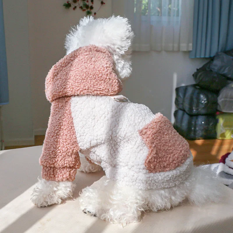 Pet Clothing Autumn and Winter Warm and Plush Hoodie Warm Color To Keep Warm and Cold Resistant Lambing Plush Traction Hoodie