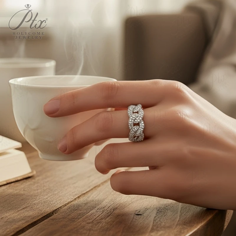 Double Line Cuban Link Ring S925 Silver D/VVS1 Grade Moissanite Ring Hip-Hop Style Unisex Suitable as a Halloween Gift