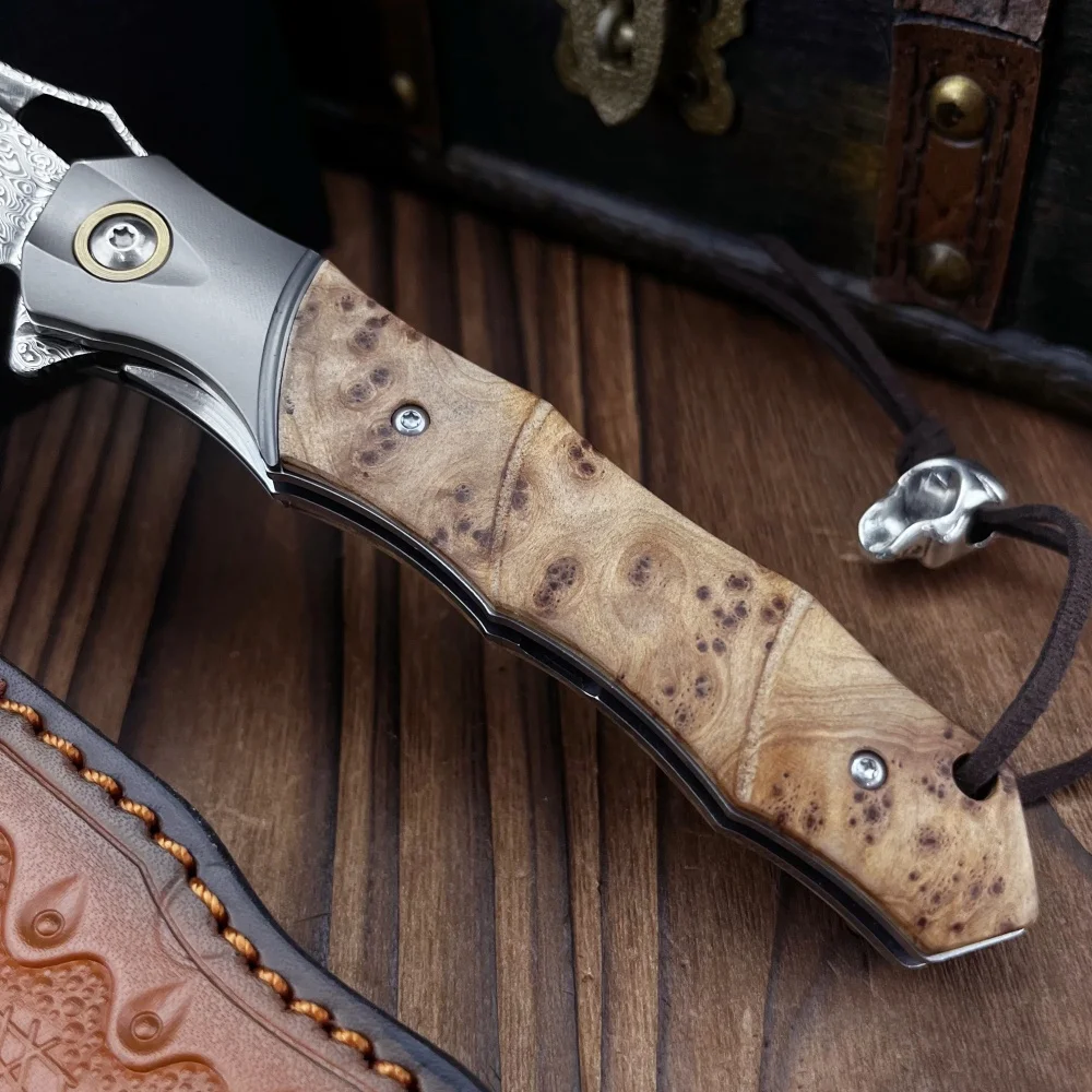 crocodile Damascus Steel Folding Pocket Knife, Men's EDC Pocket Knife with Sheath, Camping Hunting Outdoor Survival tools view 3