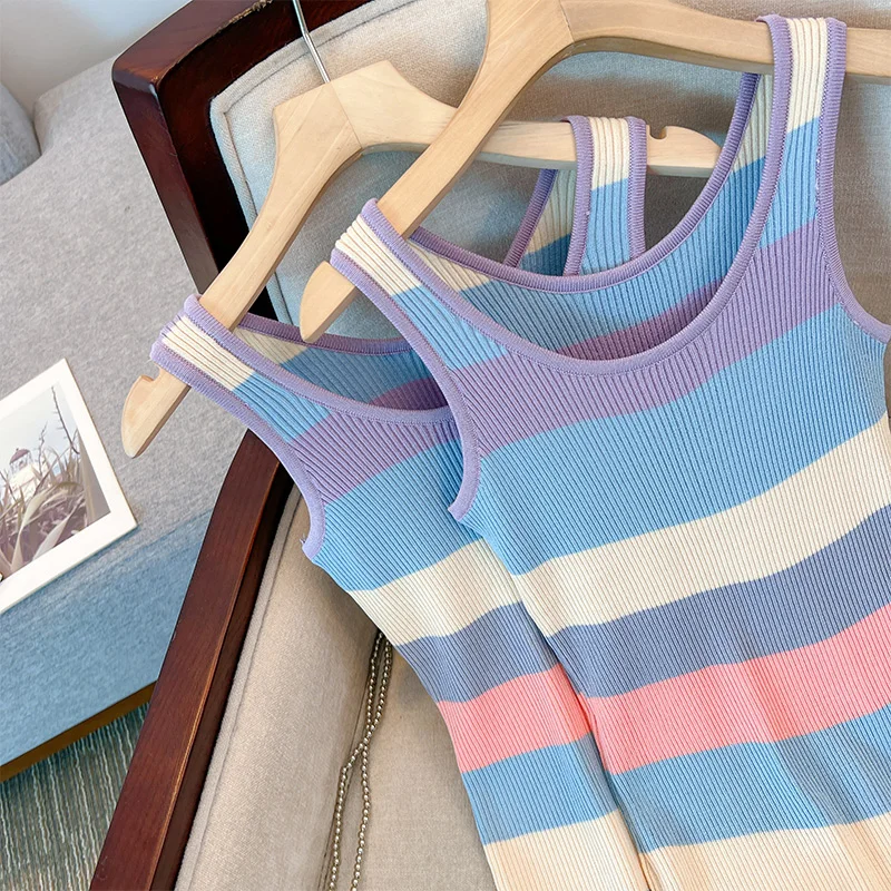 Vestido largo de punto sin mangas para mujer, traje con tirantes, rayas arcoíris, cintura elástica, ajustado, verano, 2024