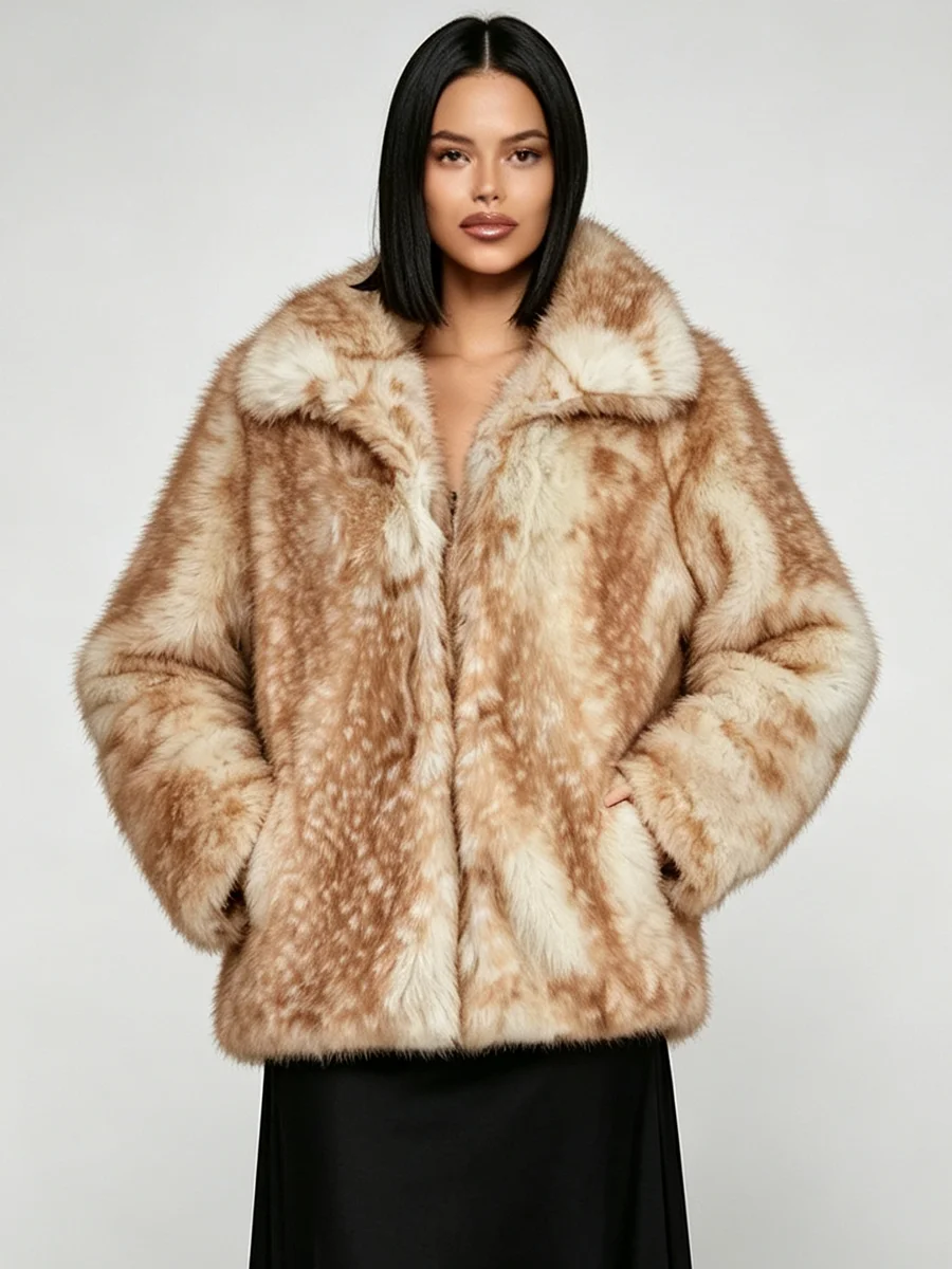 LIMO Women Turn Down Collar Deer Print Faux Fur Jacket Long Sleeve Fluffy Thick Warm Vintage Winter Ladies Furry Outerwear