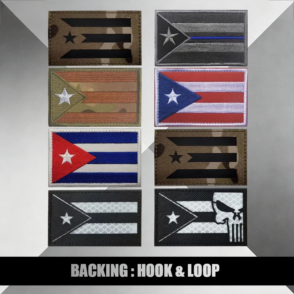 Parches Tácticos de Cuba y Puerto Rico - Parches Bordados de la Bandera, Línea Azul Delgada y Parches de Tela Punisher