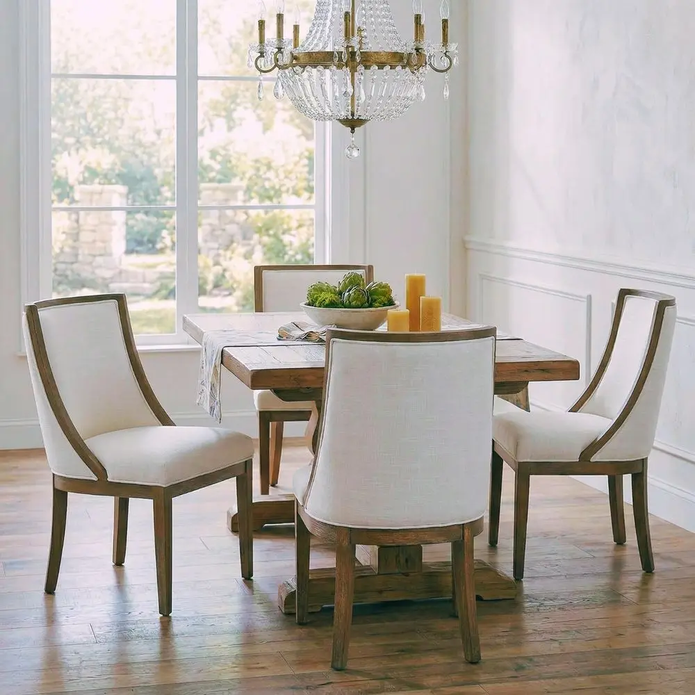 

Комплект из 4 обитых тканью обеденных стульев с изогнутой высокой спинкой, ножками из орехового дерева и сиденьями из льняной ткани бежевого цвета для дома или офиса