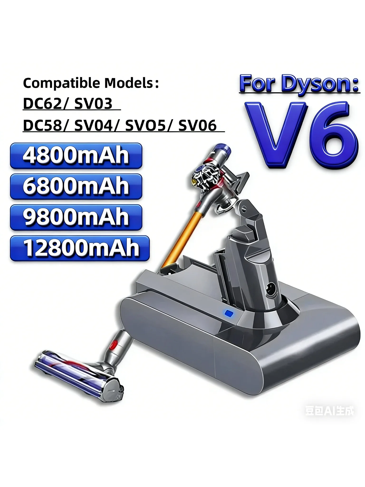 12800mAh Li-ion batterij voor Dyson V6 DC59 DC62 21.6V stofzuiger vervangende 18650 batterij - afbeelding 2