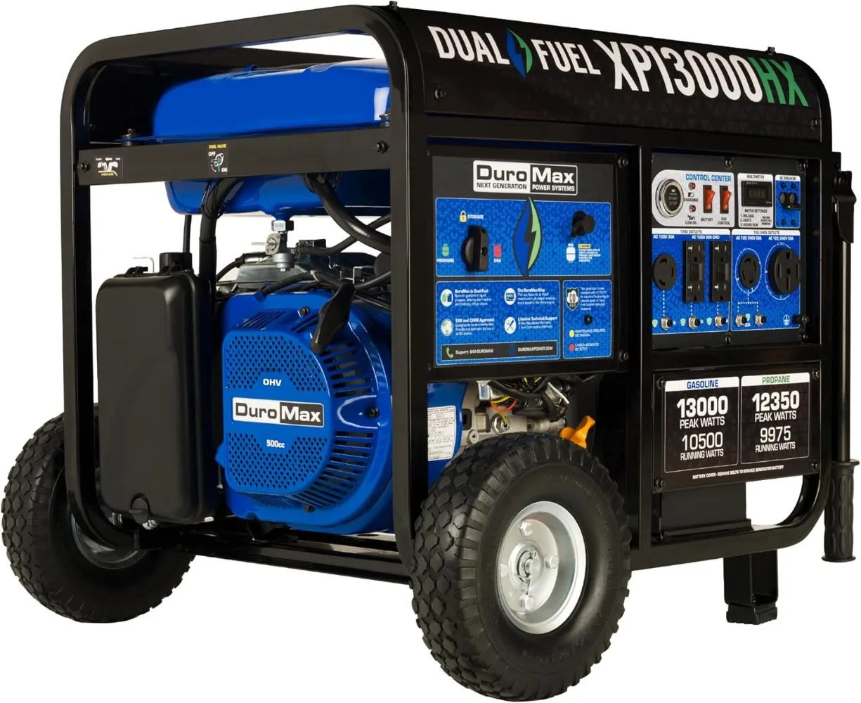 XP13000HX Dual Fuel Portable Generator - 13000 Watt Gas or Propane Powered - Electric Start w/ CO Alert, 50 State Approved, Blue