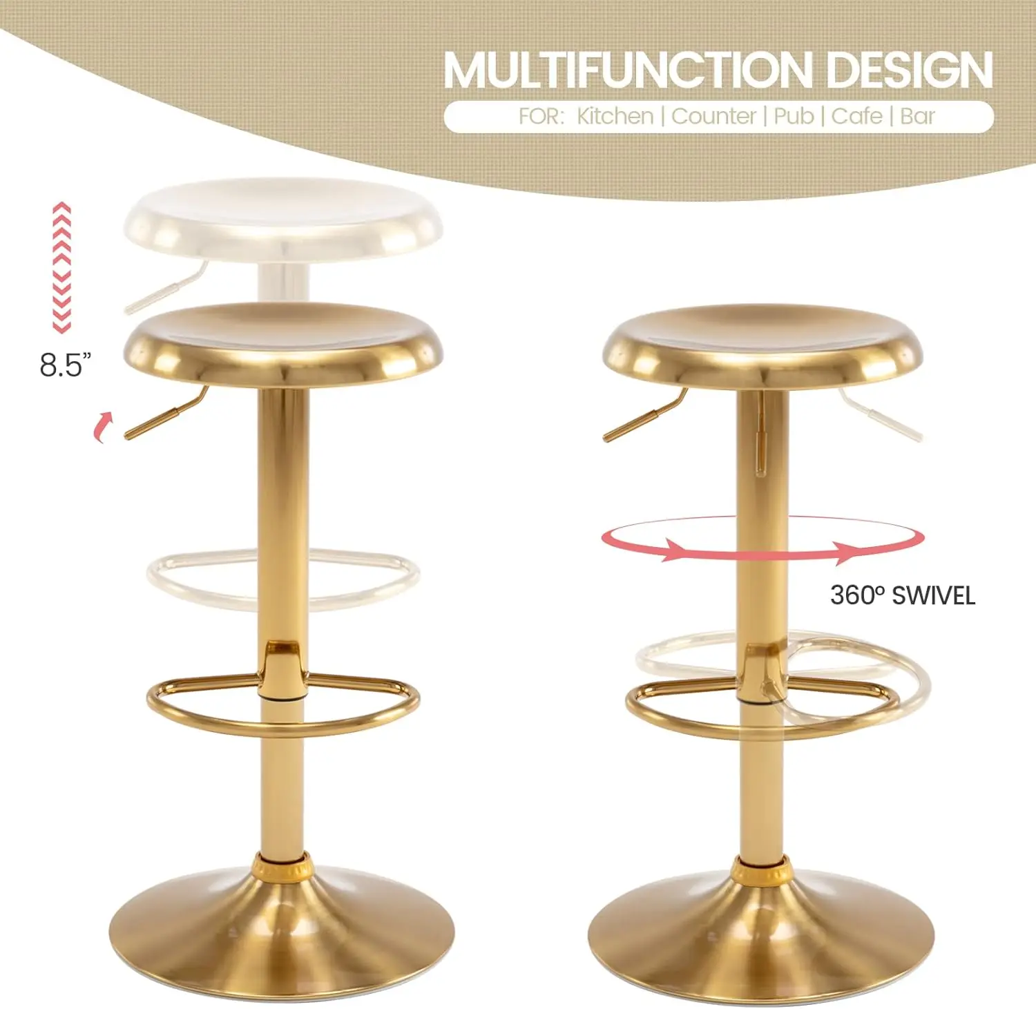 Ensemble de tabourets de bar ronds en métal à air comprimé, piste réglable, chaise de bar dos nu, chaise de bar recommandée pour la cuisine, 2 pièces