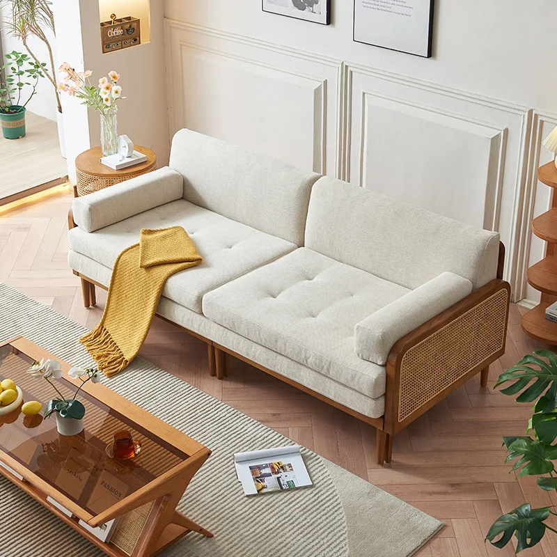 LMM solid wood sofa bed sitting and lying dual-purpose small apartment, princess seat rattan sofa