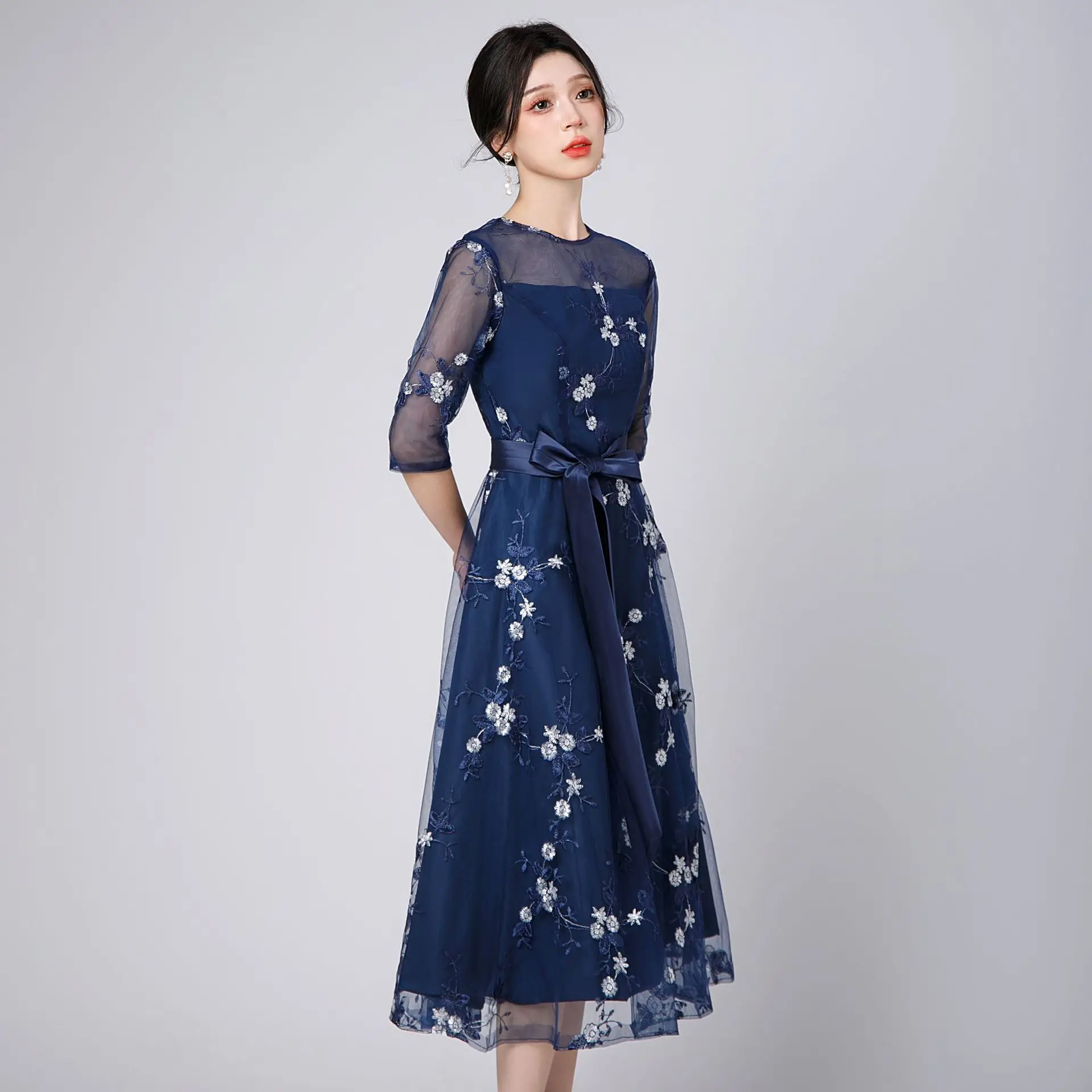 레이스 이브닝 가운 여성용 플로럴 프린트 라운드 넥 이브닝 드레스 프롬 파티 롱 드레스 포멀 드레스 우아한 파티 드레스