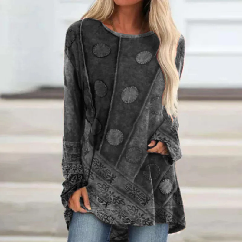 European and American Women\'s Popular Ethnic Style Printed Loose Long Sleeved Oversized Hoodie, Fashionable T-shirt, 2024