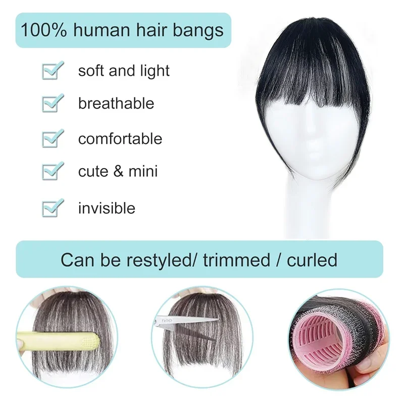 Invisible Hair Bangs Clip em franja reta, 100% cabelo humano, preto, marrom, extensões de costeletas, Hairpiece, pedaço de cabelo