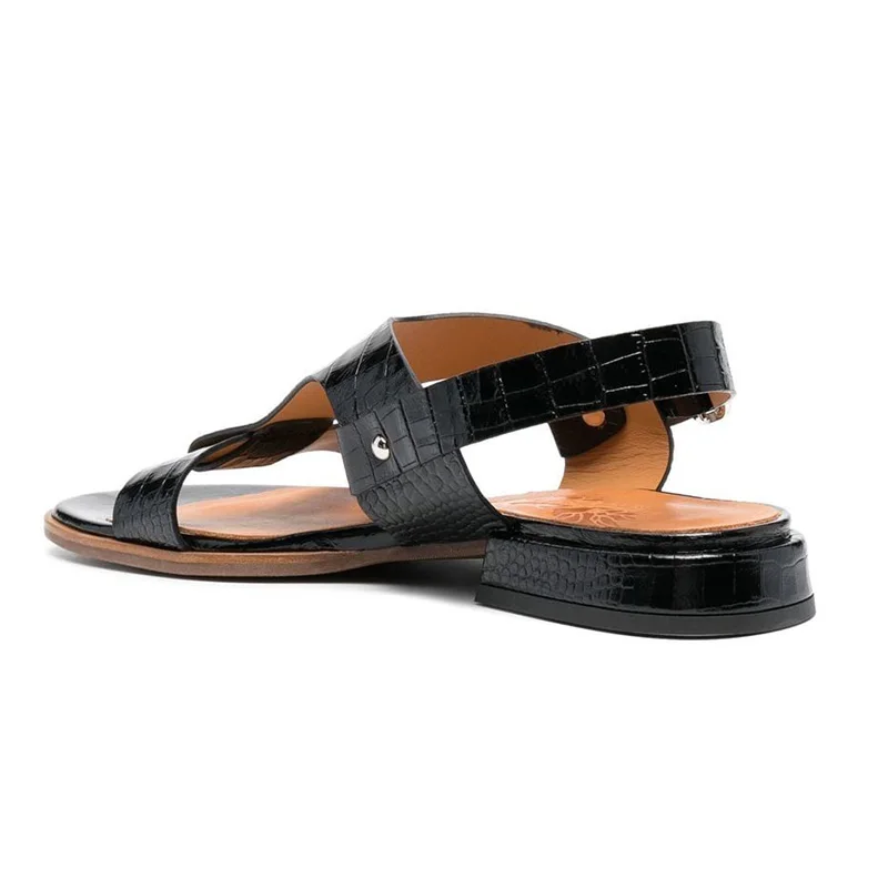 Genuine Leather Women Sandals Sexy New 2023 Summer T-Strap Low Heels  Elegant Black Beige Ladies Round Toe Buckle Plus Size 46