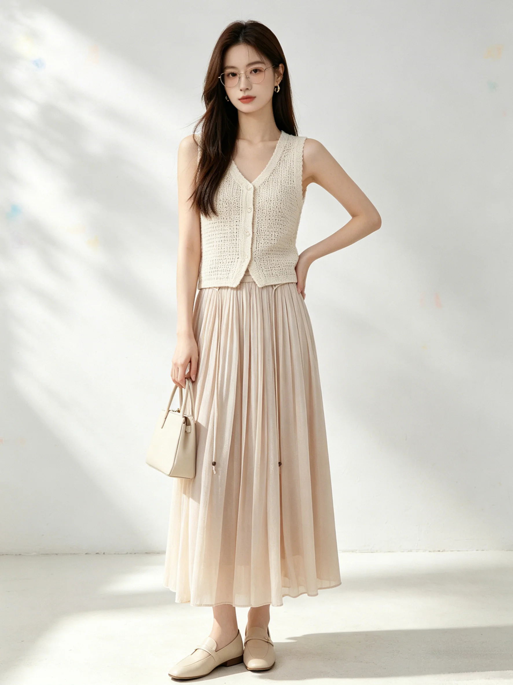 Champagne Color Mid-Length Women's Skirt Summer New Style Age-Defying Luxury Fashion High Waist A-Line Skirt Breathable Casua...