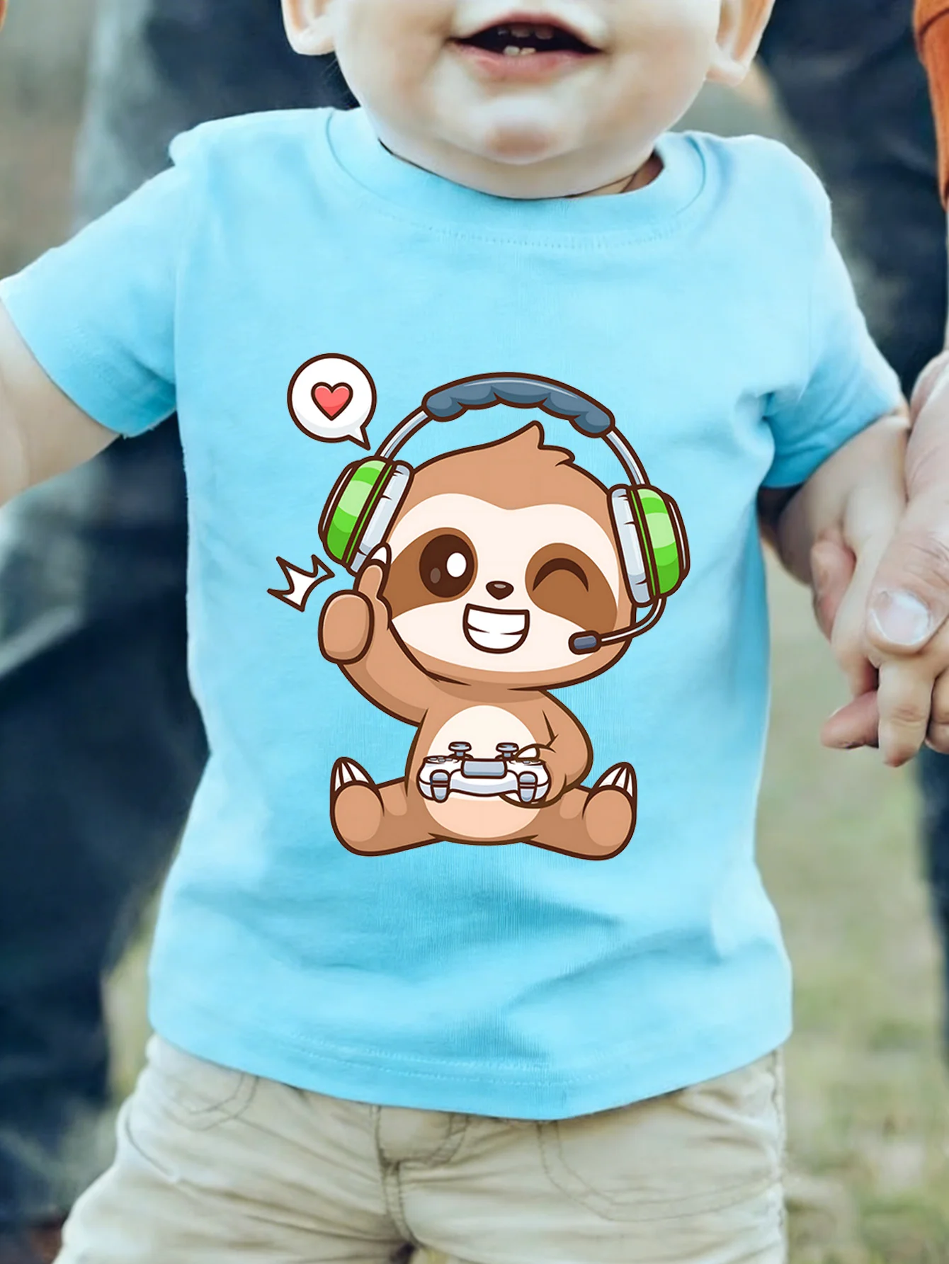 Winking Gamer Sloth Heart Speech Bubble Video Game Art Print Kids T Shirt Boys Girls Family Matching Summer Crew Neck Casual Tee