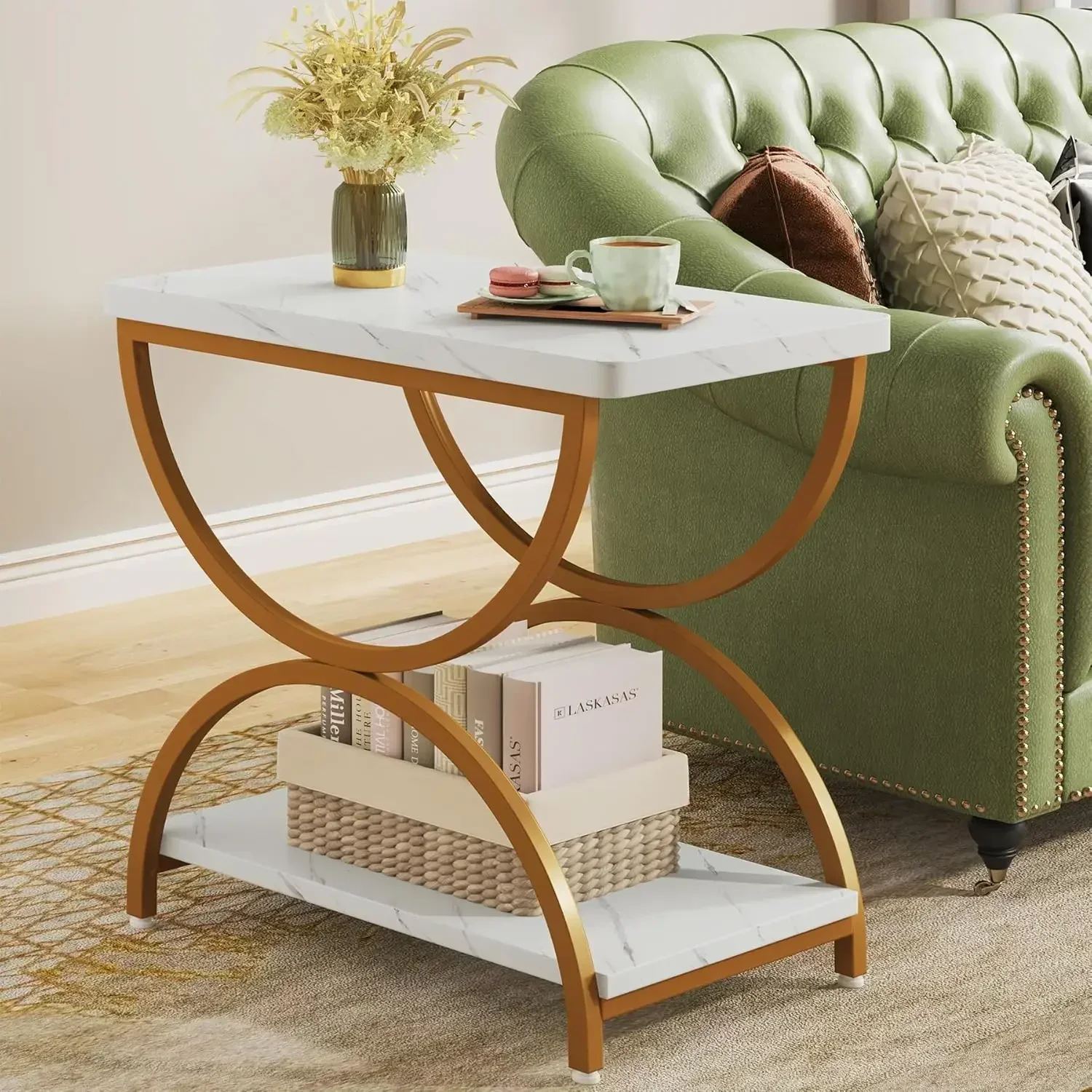 

2-Tier End Side Table with Stylish Metal Frame, Vintage Rectangular Bedside Nightstand, Wood and Metal Chair Side Tables