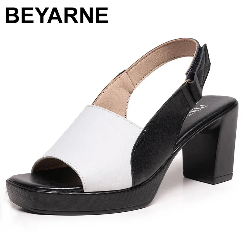 Women\'s Sandals Summer Genuine Leather High Heels Fashion Sandals Ankle Strap Outside Shoes Square Toe Mixed Color