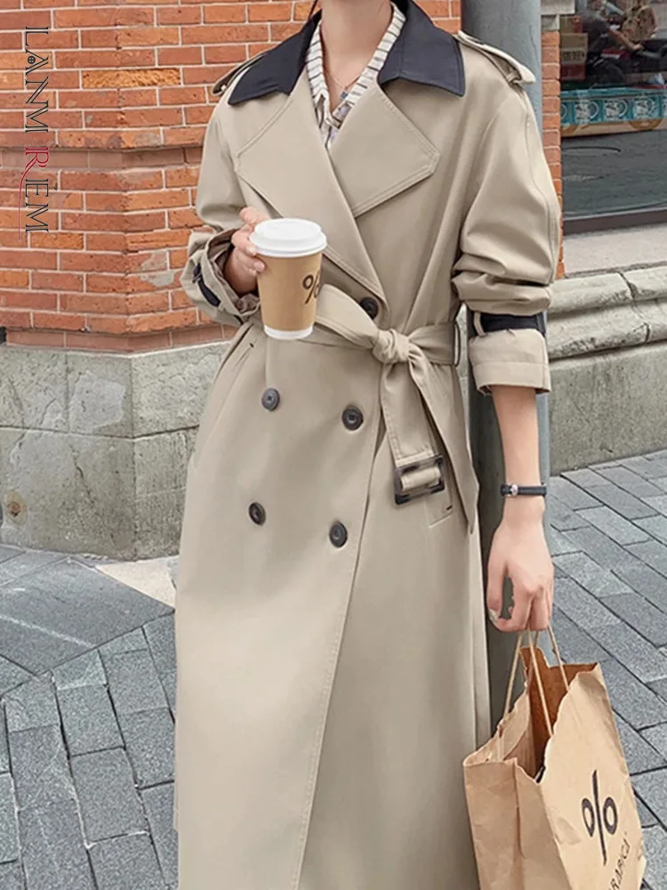 LANMREM Color Block Trench Coat For Women Lapel Double Breasted Fashion Windbreaker Female Streetwear Coat 2024 Autumn 2DA3945