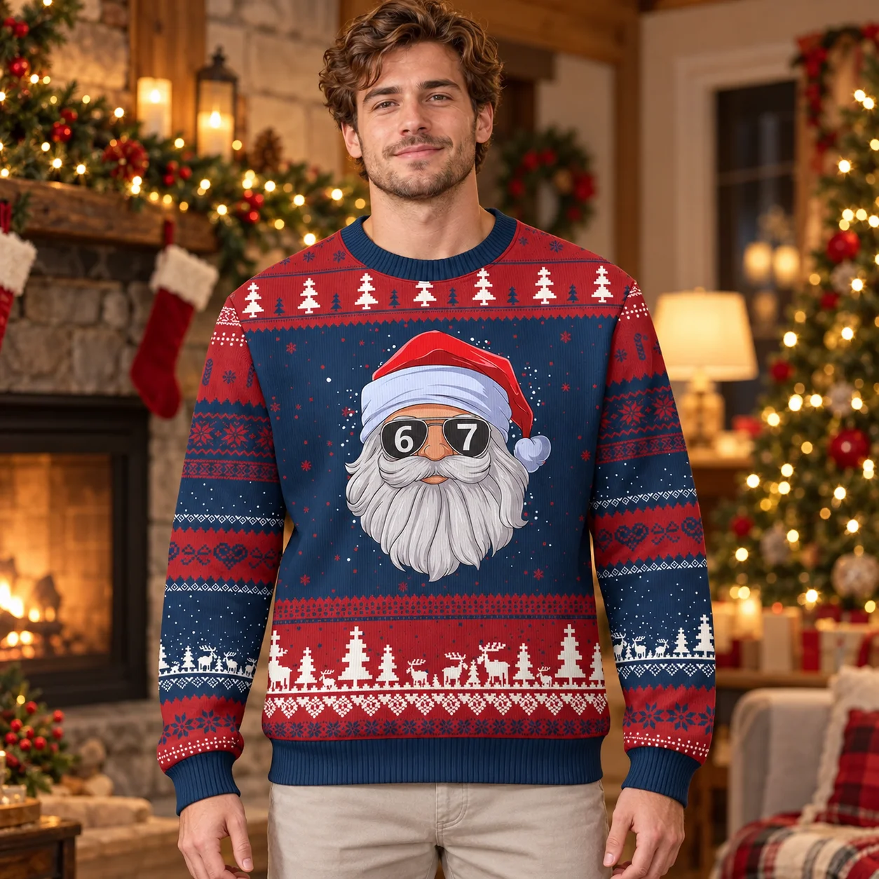 Six Seven Santa Ugly Christmas Sweater Funny Holiday Character Prints on Long Sleeve Sweaters for Men Women and Xmas Parties