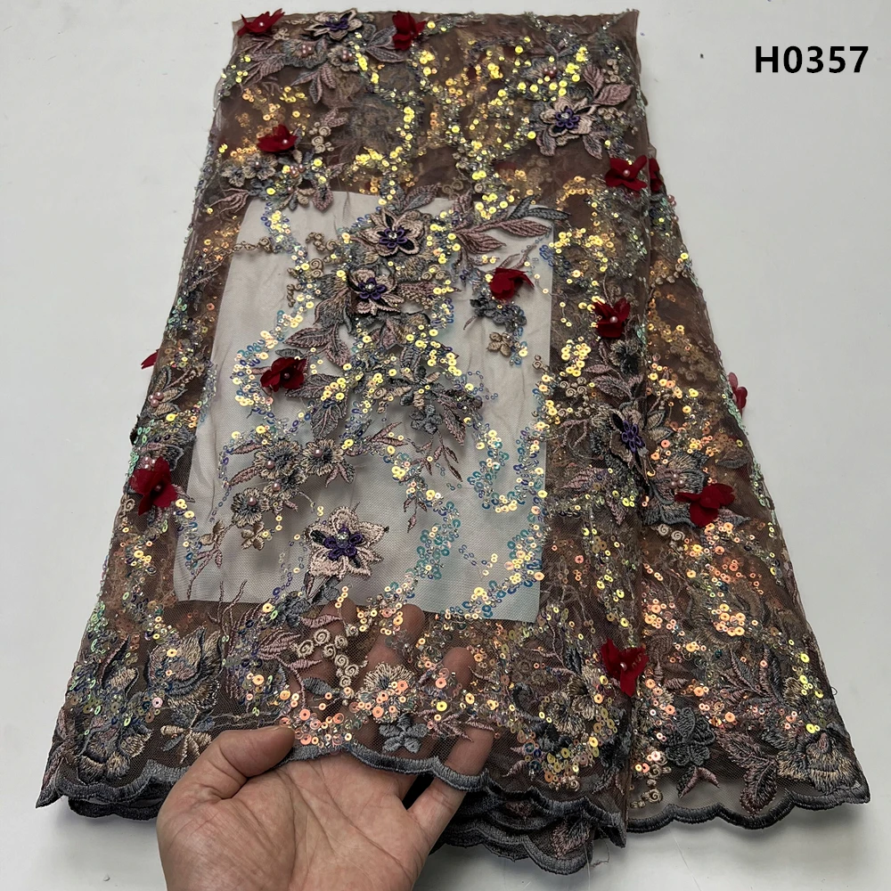 2024 African Nigerian Latest High Qualit Tulle Lace Fabric Sequins Sewing Guipure Embroidery Beads Stone Dresses 5Yards H0320