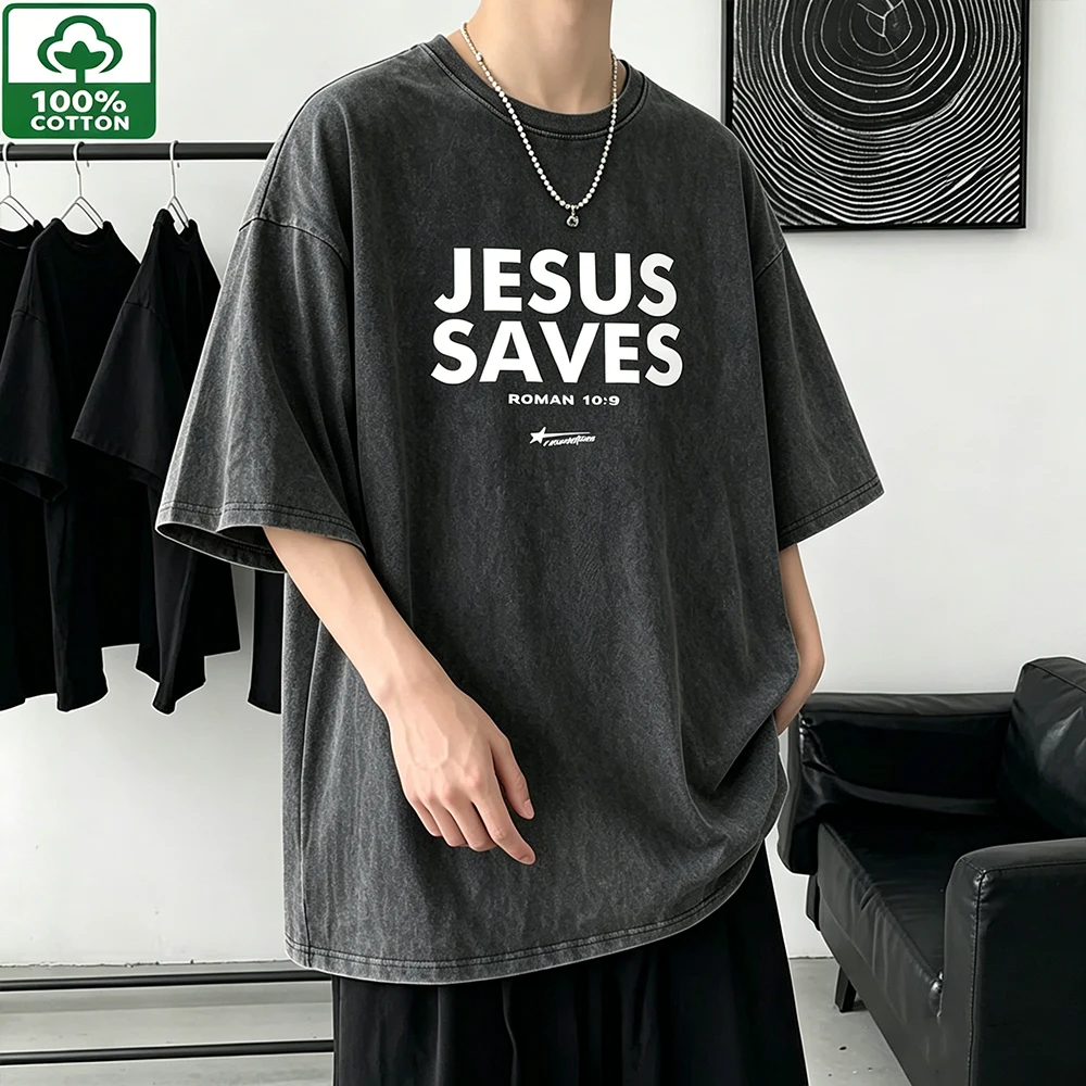 Camiseta de algodón vintage lavada para hombre con estampado 'Jesus Saves' informal, holgada, desgastada, de manga corta, estilo urbano