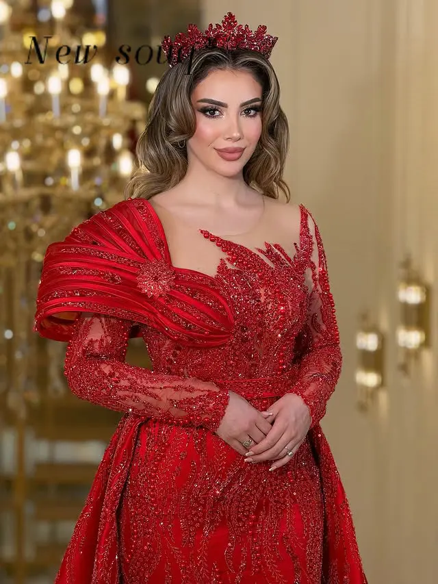 Vestidos de festa de casamento de mangas compridas borgonha personalizados com overskirt árabe vestidos de noite formais elegantes para mulheres