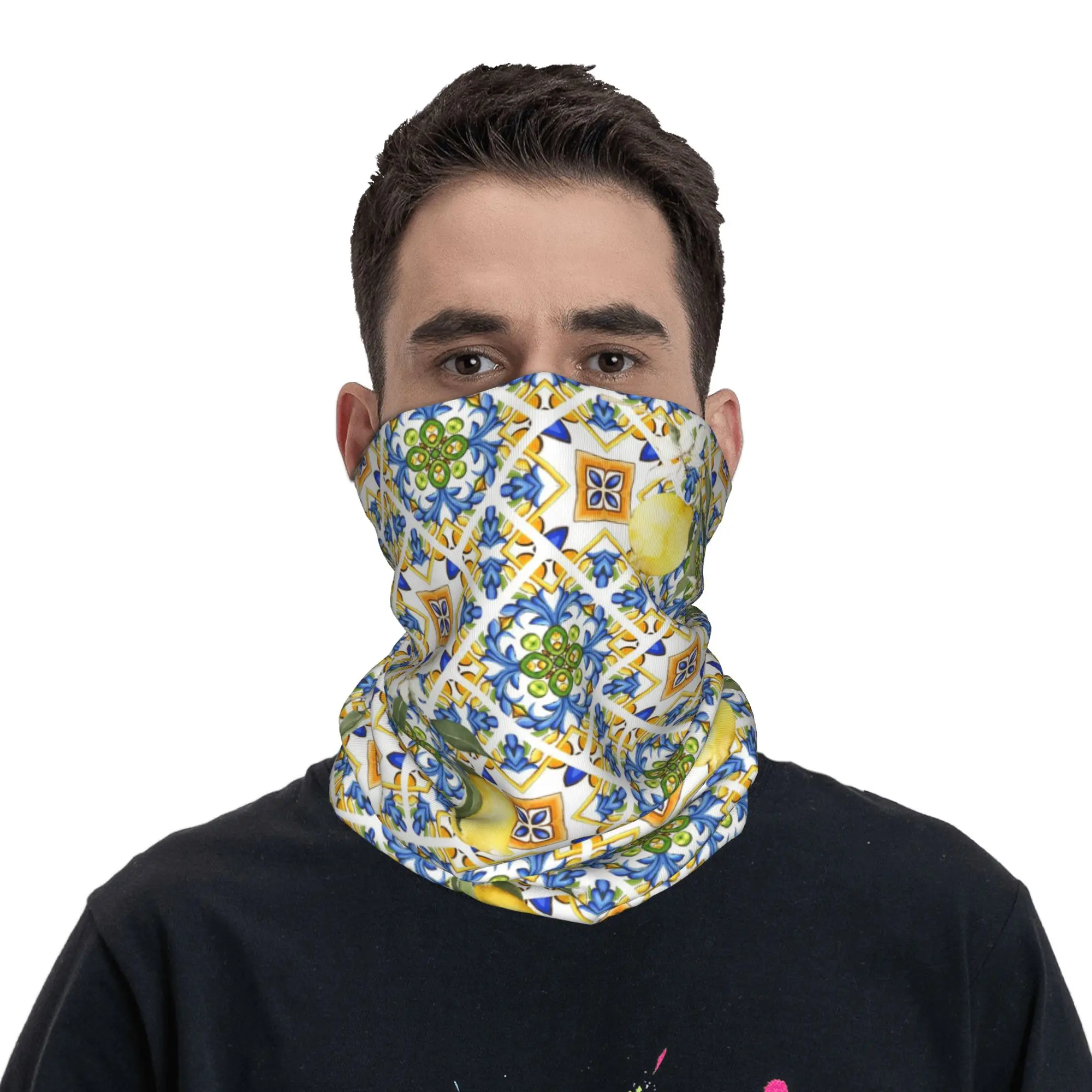 Summer Citrus Mosaic Sicilian Lemon Fruit Bandana Neck Gaiter Printed Wrap Mask Scarf Headband Hiking Fishing for Men Women