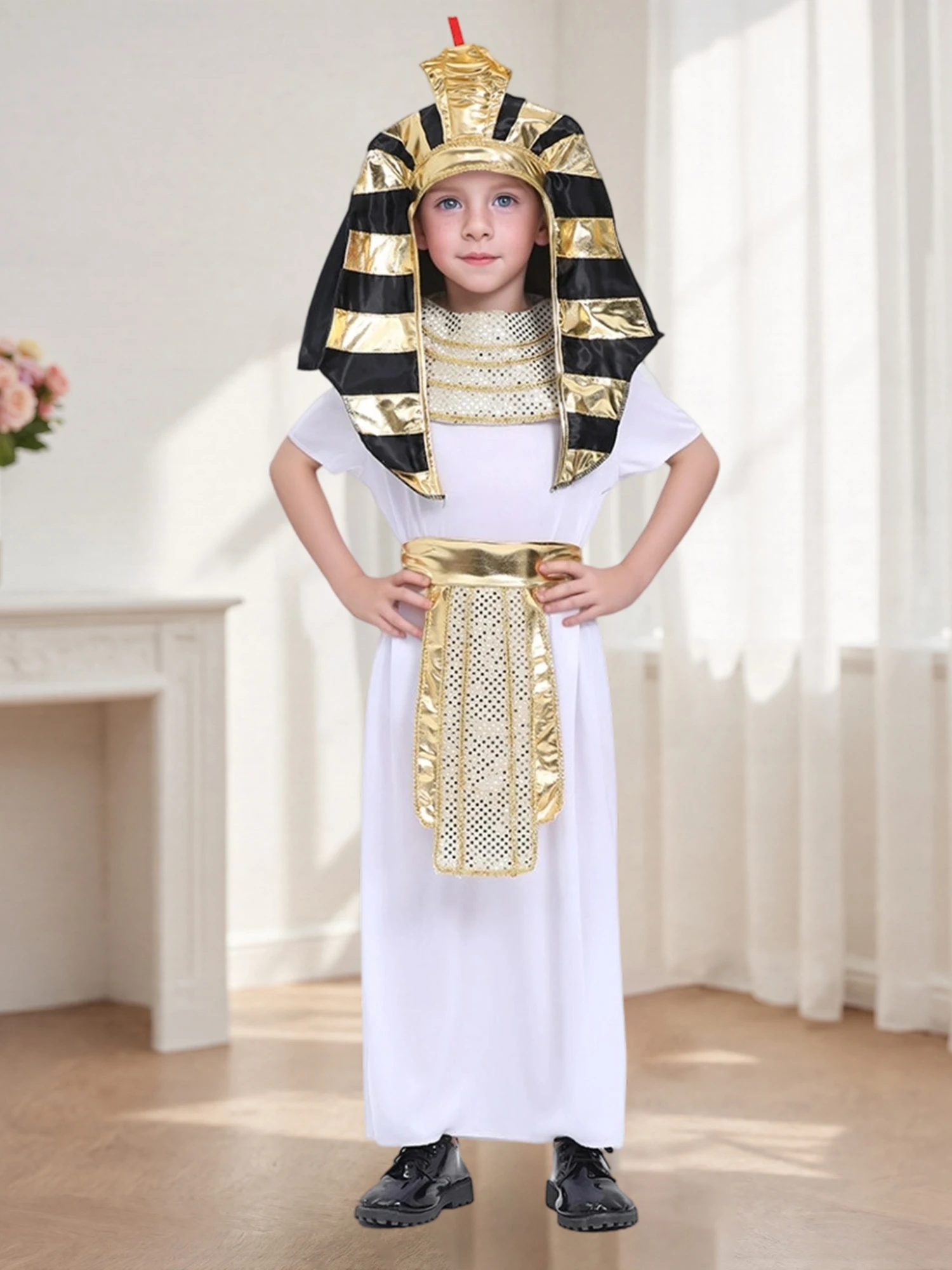 Children s Egyptian Costume Set with Short Sleeve Robe Neck Collar Belt Pharaoh Hat - Perfect for Cosplay Parties and