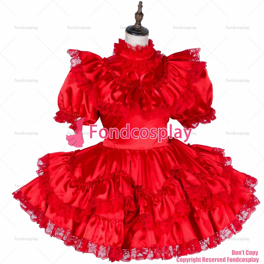 fondcosplay adult sexy cross dressing sissy maid short lockable red satin dress Uniform cosplay costume CD/TV[G1796]