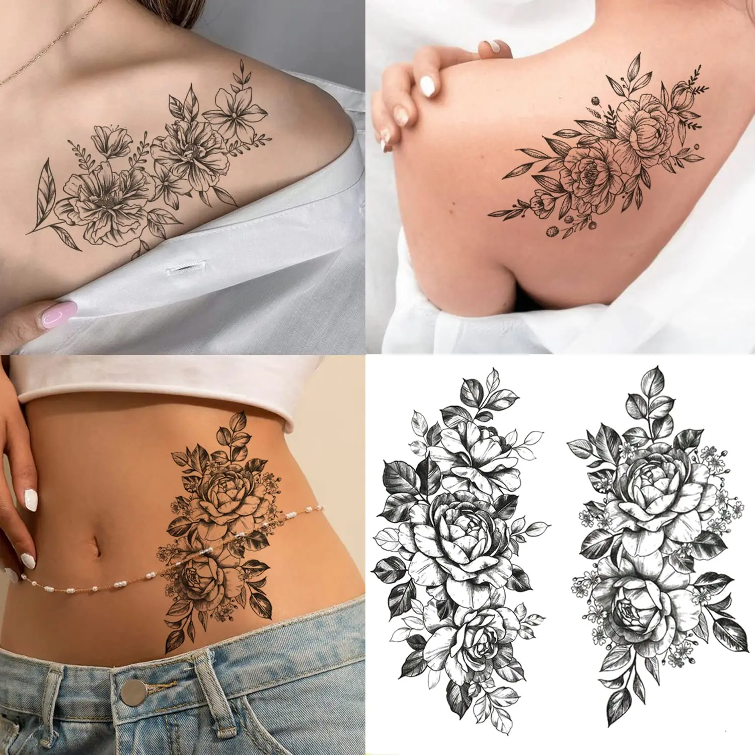 

12 Sheets 3D Black Flower Temporary Tattoos For Women Rose Peony Flower Sketch Tattoos Stickers For Women Body Art
