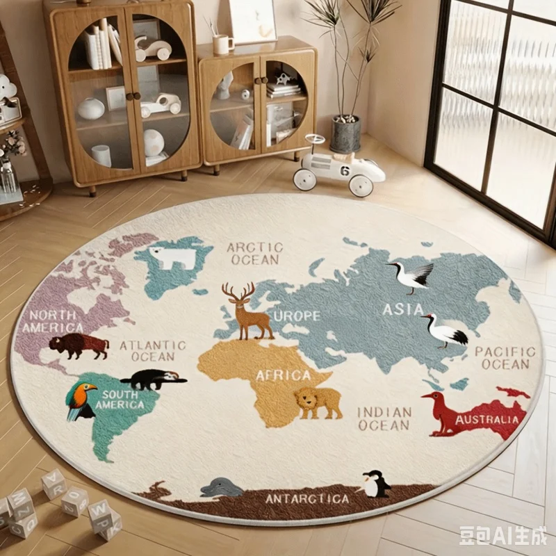 Newest 2D Round Carpet Cartoon World Map Animal Print Round Rug Non Slip Educational Play Floor Carpet