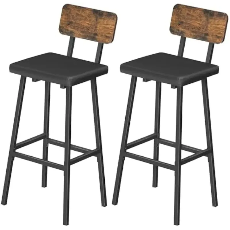 Black Bar Stools, Set of 2 PU Upholstered Tall Bar Stools, Kitchen Breakfast Stools with Footrests, Bar Chairs