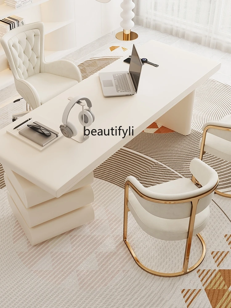 French Cream Style Light Luxury Stone Plate Solid Wood Desk High-End Designer Family Small Apartment Computer Desk