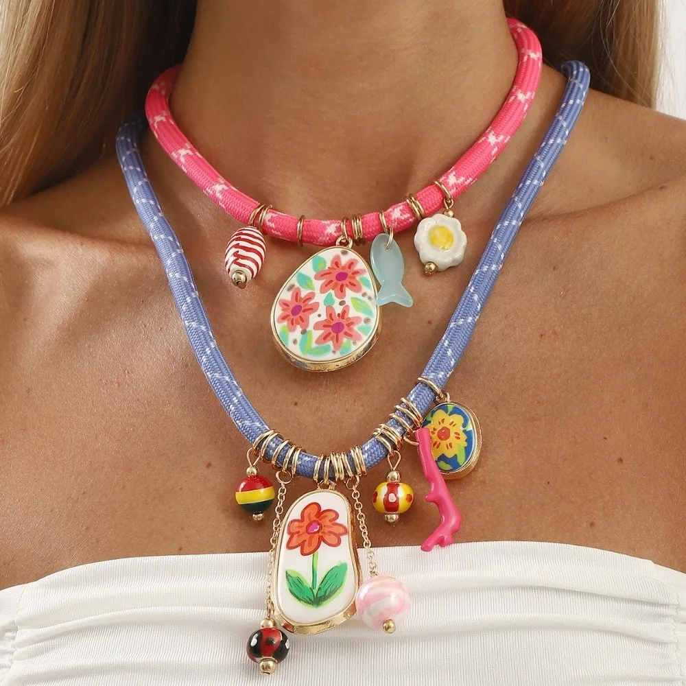 Fashionable Bohemian Multi-element Pendant Necklace Cute Flower Jewelry Gifts Collarbone Chain Colorful Neck Chain Travel