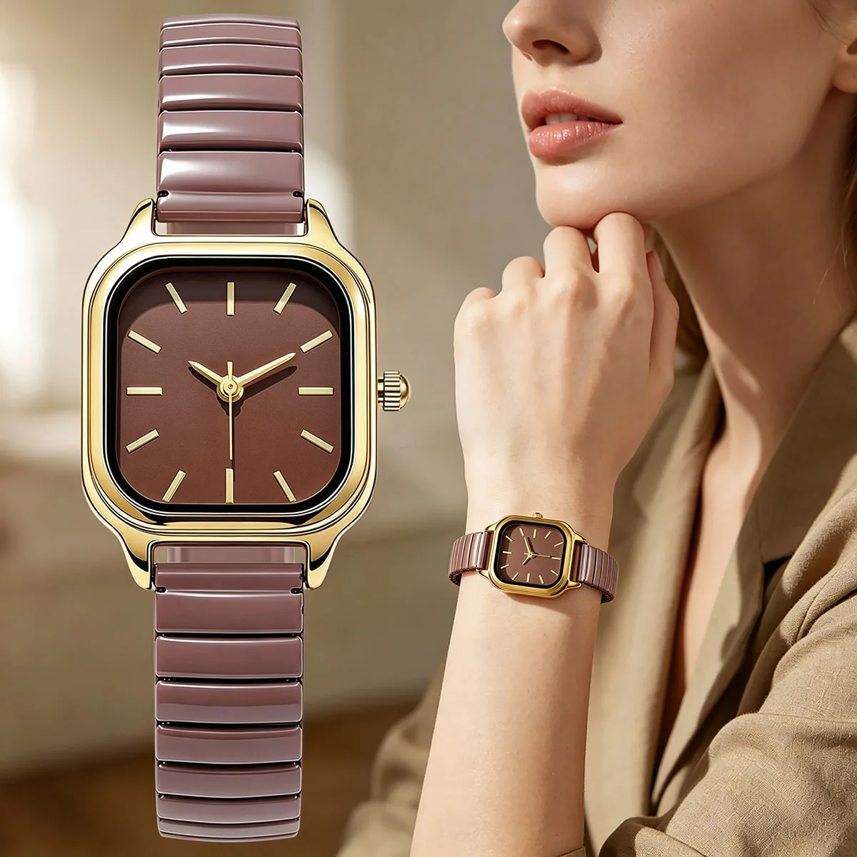 Square Women Quartz Wristwatch Gold Alloy Rounded Square CaseBar Mark Elastic Strap Ladies Watch