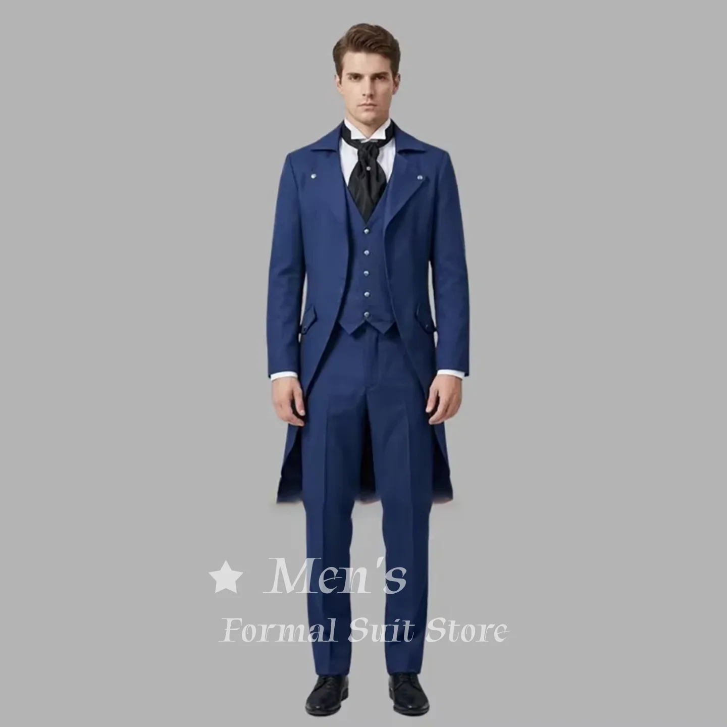 

Fashion Mens Blue Tailcoat 3 Piece Suit Formal Morning Coat With Vest And Pants Tailored Fabric Wedding Groom Prom Customized