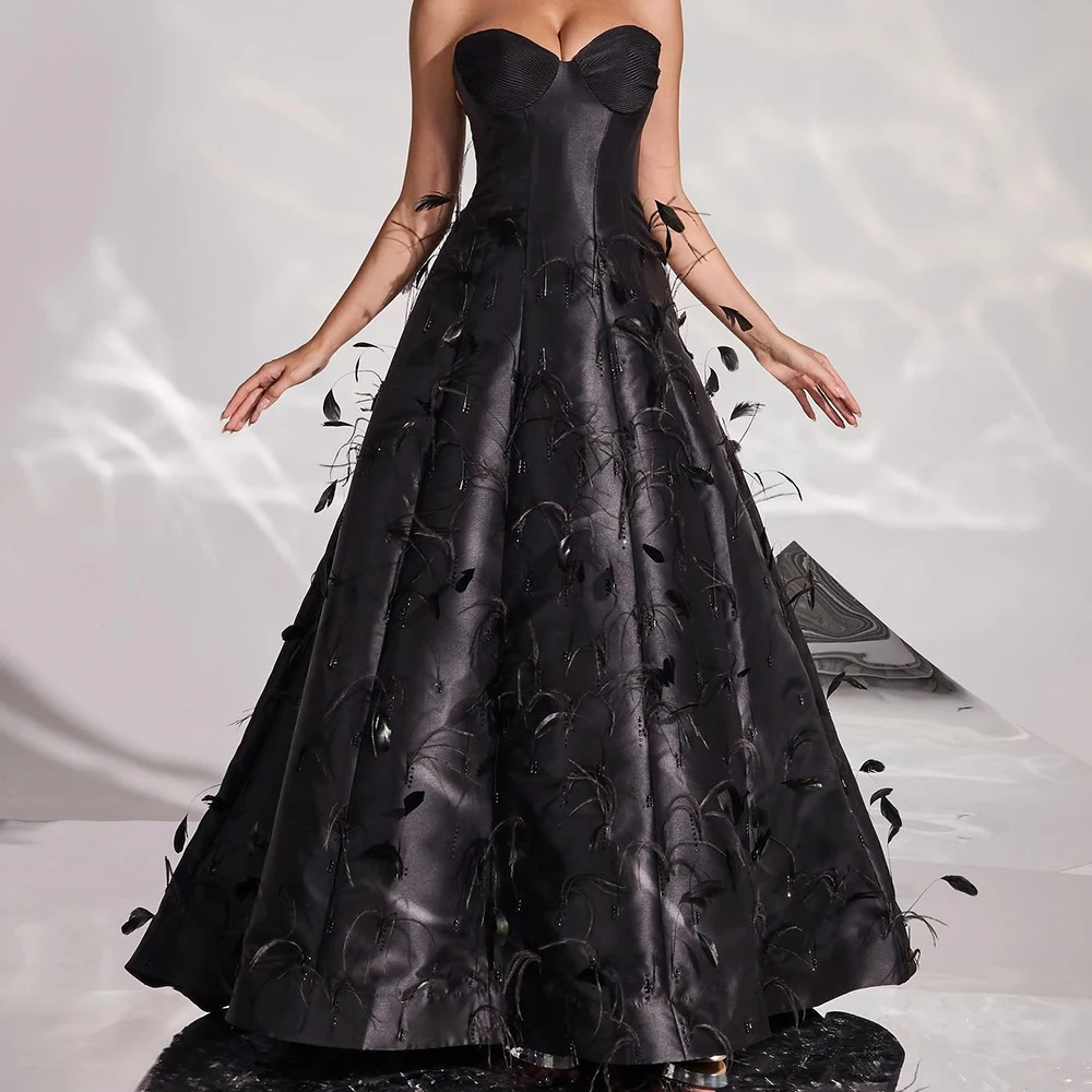 

Customized Classic Feathers Pleats Party Gowns Graceful A-Line Sweetheart Satin Black Evening Dresses فساتين سهره نسائيه فخمة