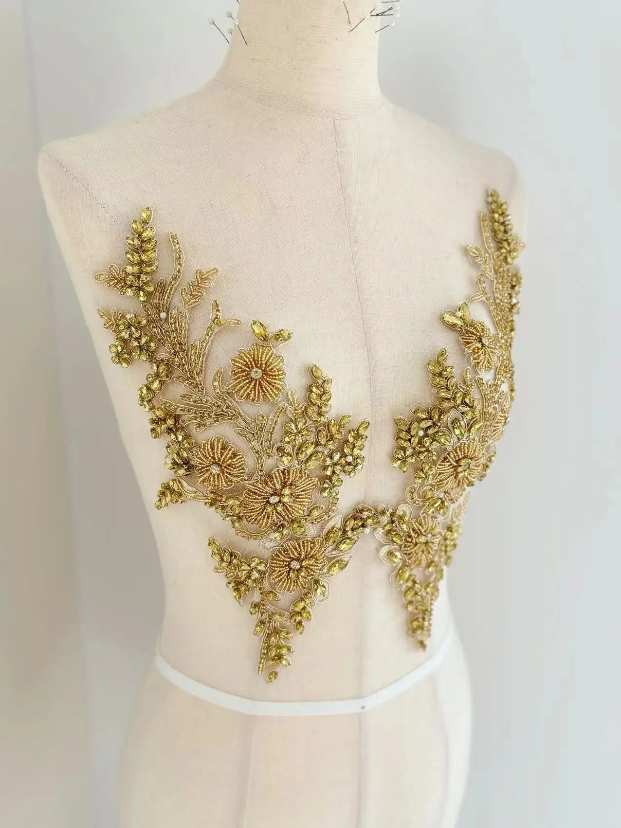 Gold Rhinestone Applique Heavy Glass Beaded Flower Patch for Corset,Wedding Dress,Ball Gown