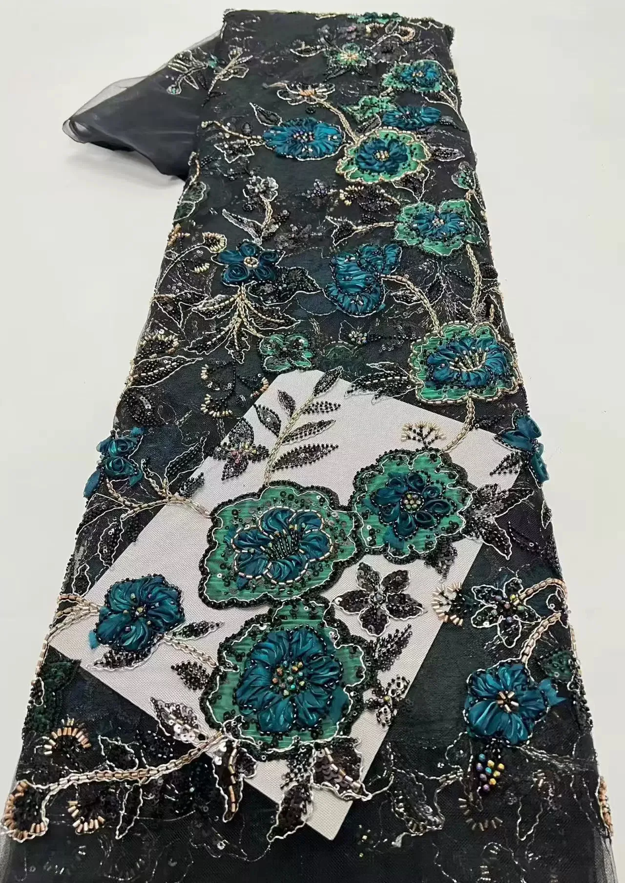 5yard new mesh tissu Pearl tube sequin flower embroidery fabrics for clothing Wedding dresses evening dress fabric